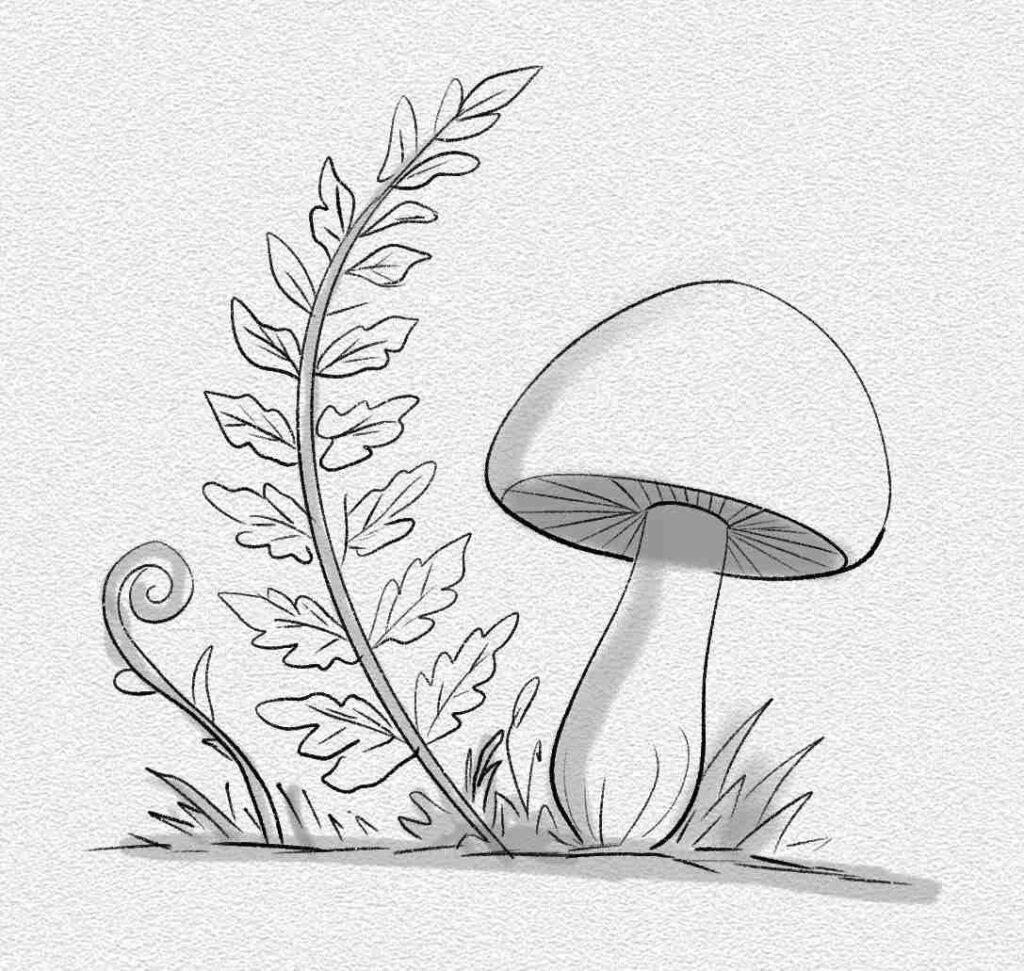 Mushroom with Fern Leaves