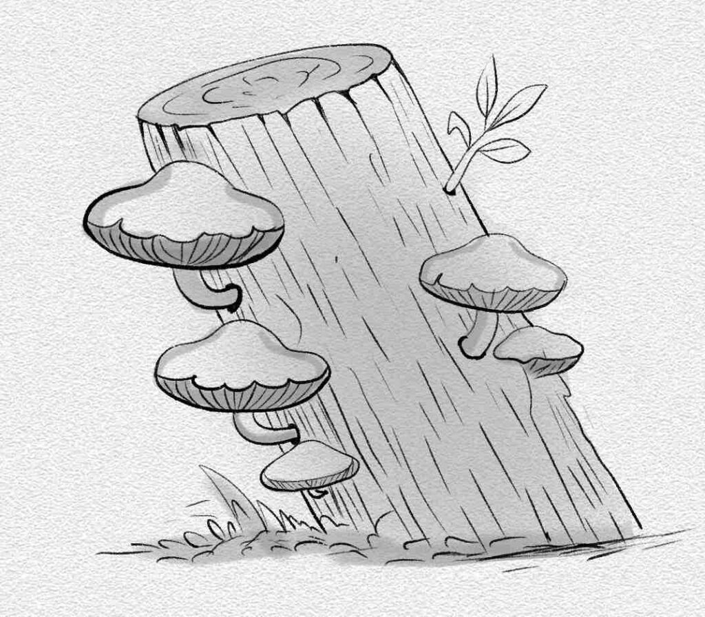 Hanging Mushrooms on a Log
