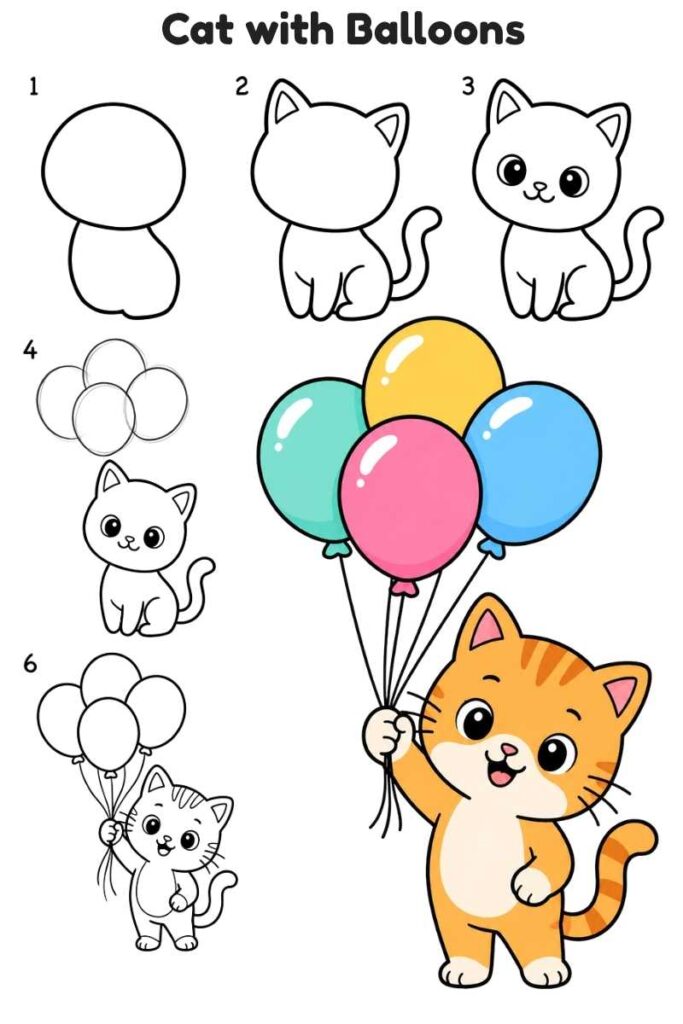 Cat with Balloons Drawing