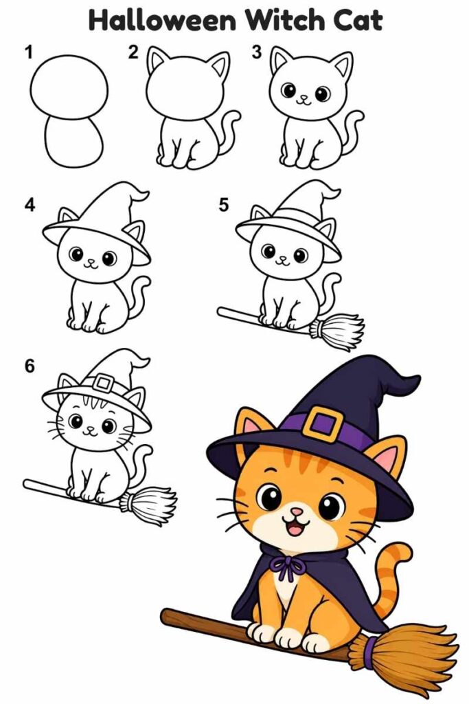 Halloween Witch Cat Drawing