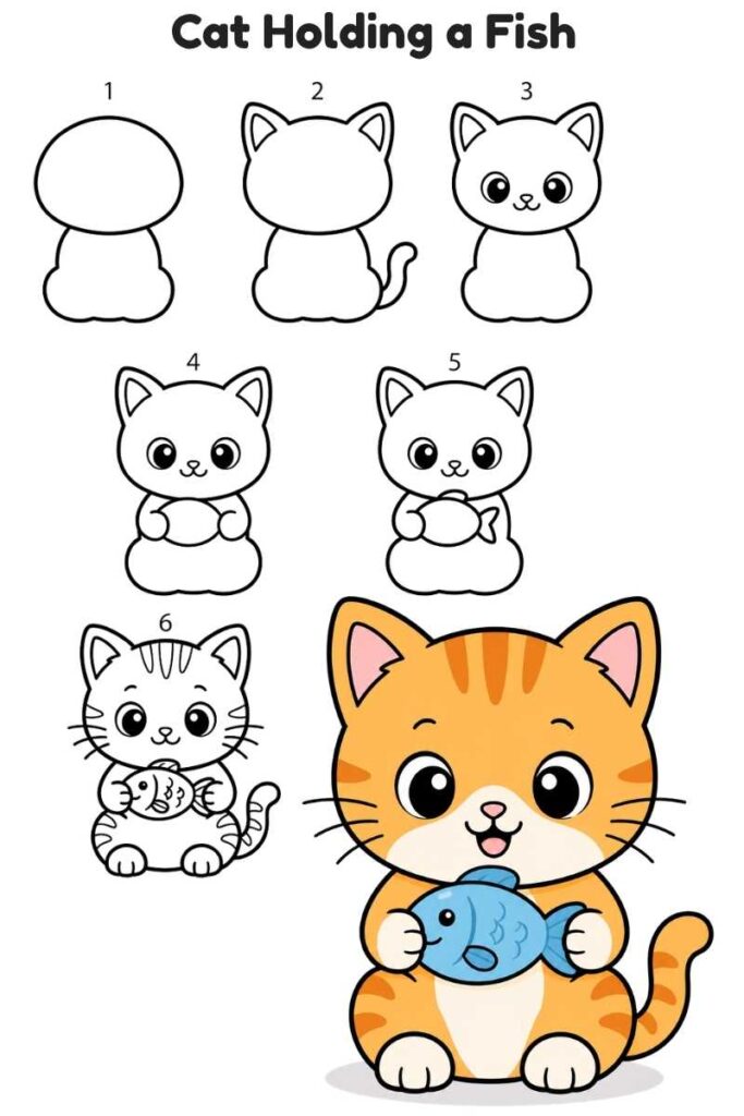 Cat Holding a Fish Drawing