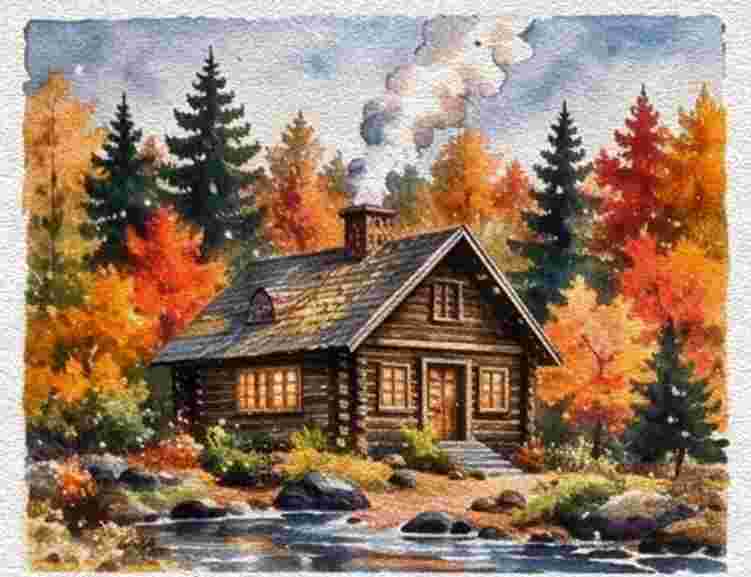 Cozy Cabin in the Fall Forest