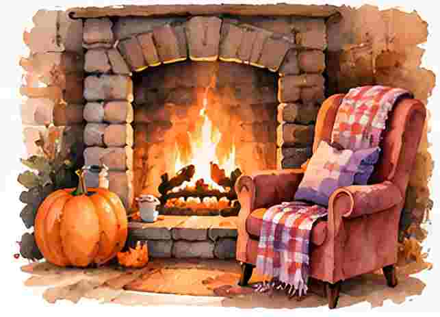 Cozy Fireplace with Pumpkins
