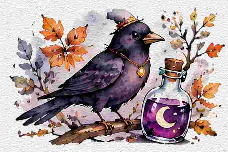 Magical Blackbird with a Tiny Potion Bottle