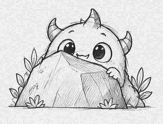 Shy Monster Hiding Behind a Rock