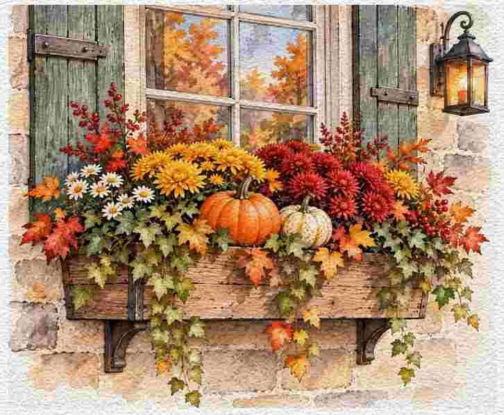 Window Box with Fall Flowers and Pumpkins