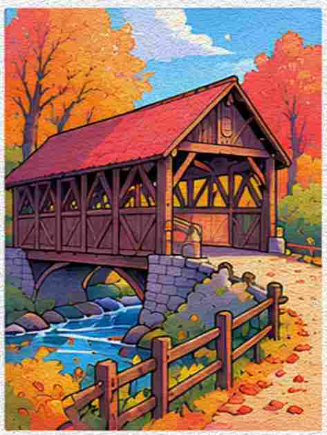 A Covered Wooden Bridge in a Quiet Valley