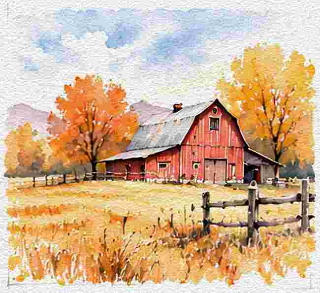 A Red Barn in a Golden Fall Field