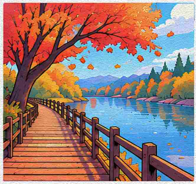 A Riverside Boardwalk Beneath Overhanging Branches
