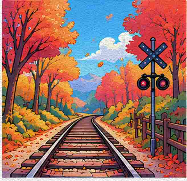 A Scenic Railway Crossing Through Autumn Woods