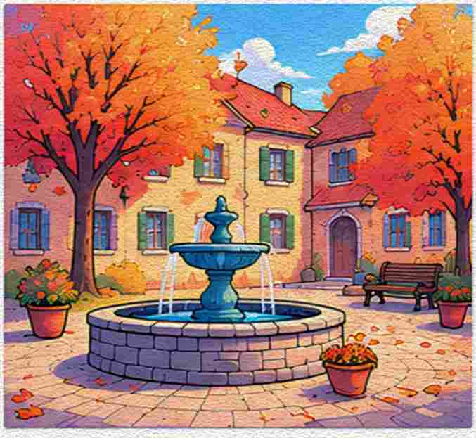 An Autumn Village Square with a Water Fountain