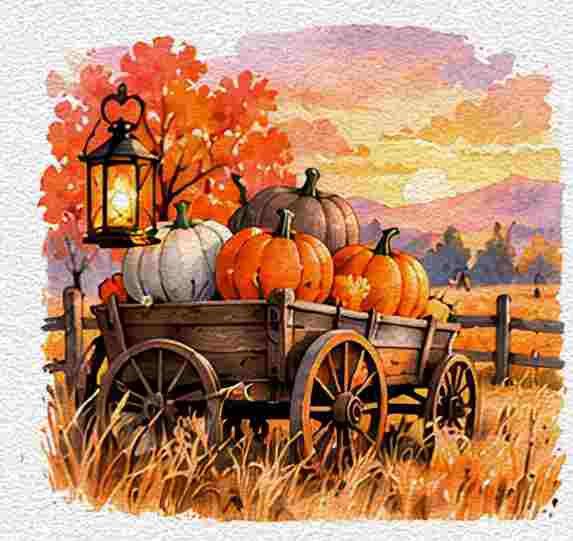 Autumn Hay Wagon at Sunset