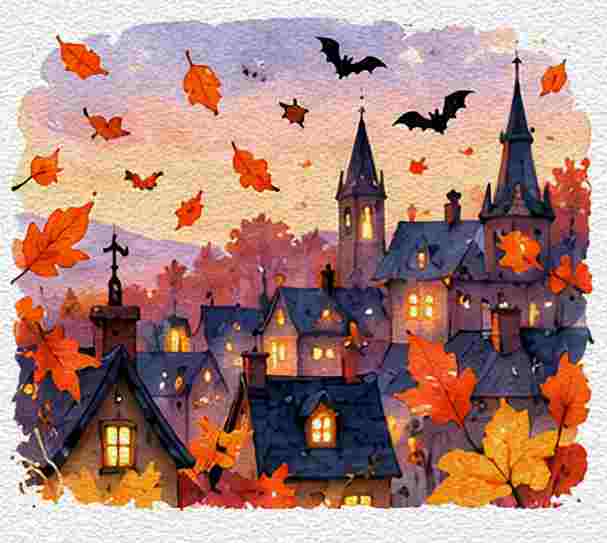 Bats Flying Over an Autumn Town