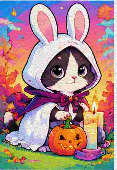Cat in a Ghost-and-Bunny Costume