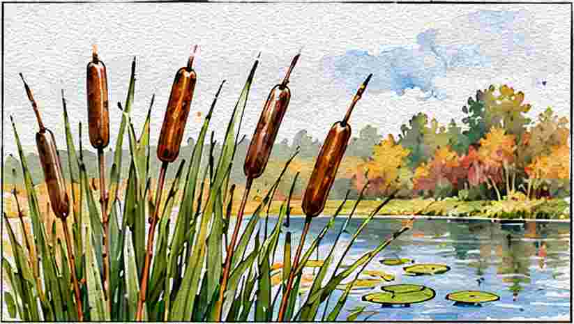 Cattails Growing Beside a Pond