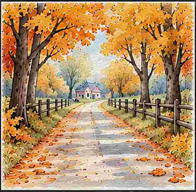 Country Road Lined with Golden Trees