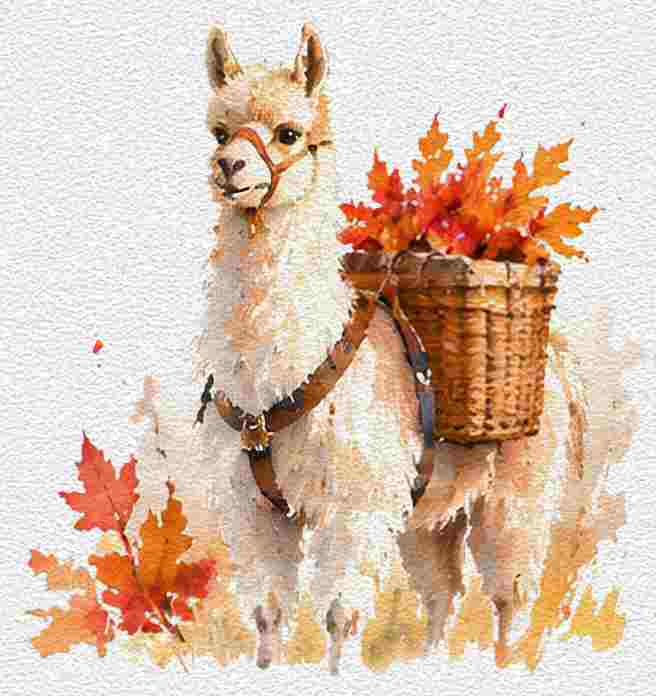 Little Llama With a Basket of Fall Leaves