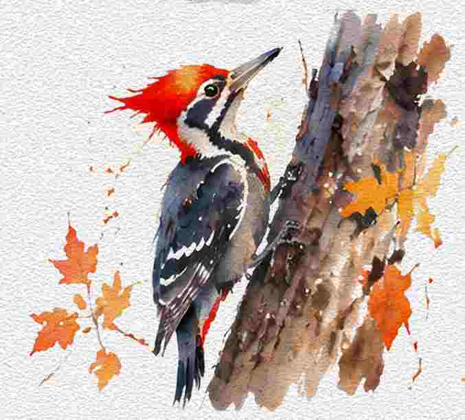 Little Woodpecker on an Autumn Tree Branch