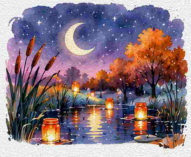 Moonlit Pond With Floating Lanterns