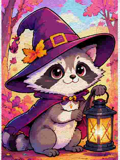 Raccoon Carrying a Halloween Lantern