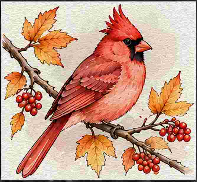 Red Cardinal on an Autumn Branch