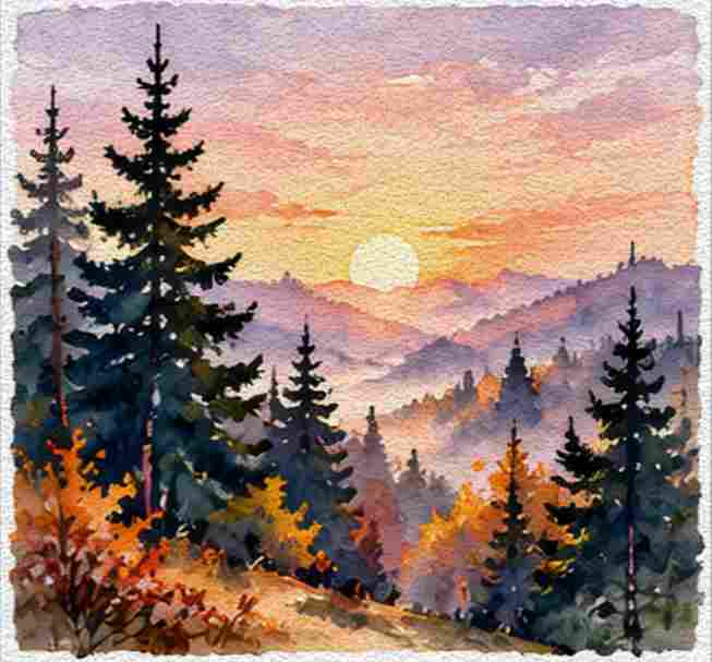 Sunrise Behind a Silhouette of Tall Pines