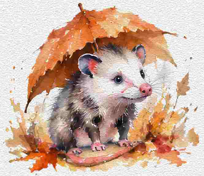 Sweet Opossum Under a Fall Leaf Umbrella