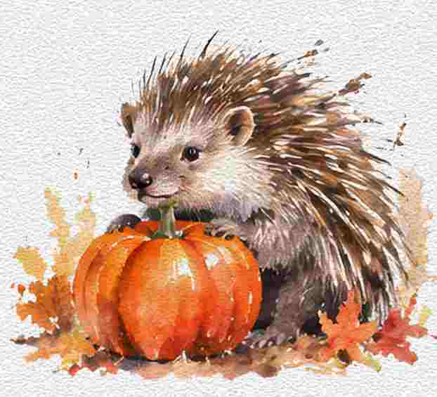 Tiny Porcupine With a Pumpkin