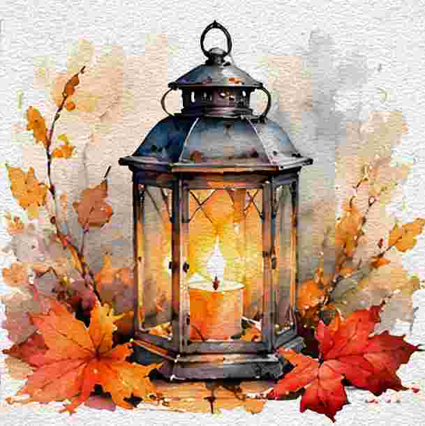 Vintage Lantern Surrounded by Autumn Leaves