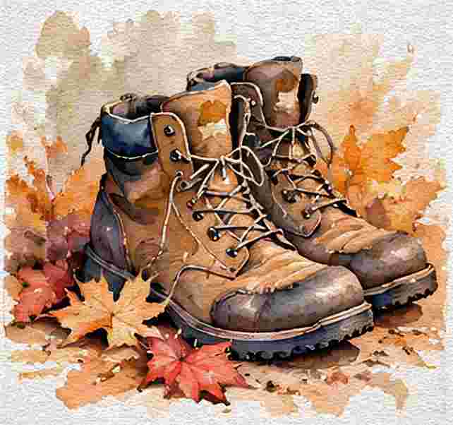 Well-Worn Hiking Boots With Autumn Leaves