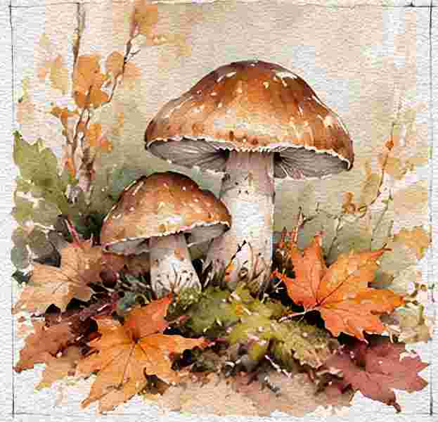 Woodland Mushrooms Among Fallen Leaves